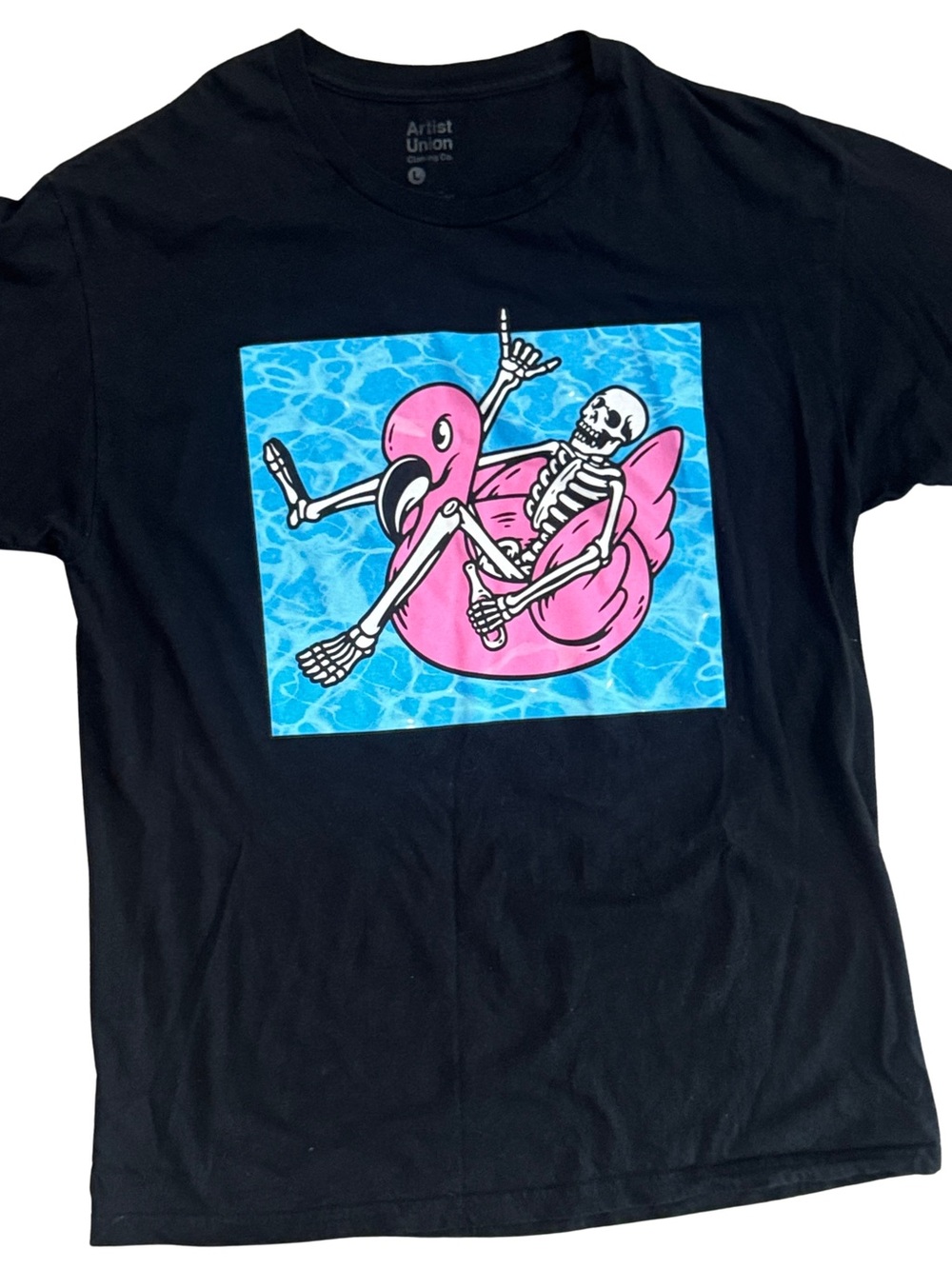 Artist Union Clothing Co. Black Tee with Skeleton on Pink Flamingo in Pool